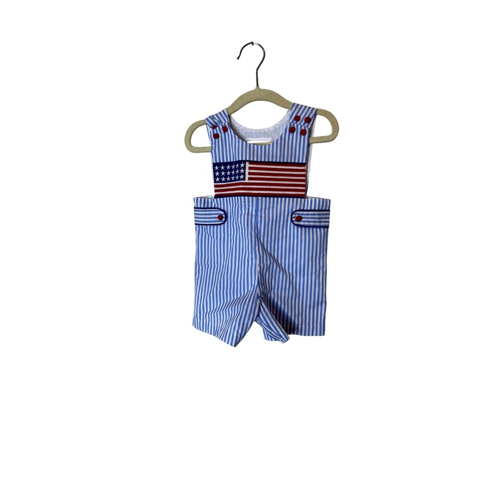 Lil Cactus Overalls Boys 3-6M Blue Stripe USA Flag Patriotic Outfit One Piece
